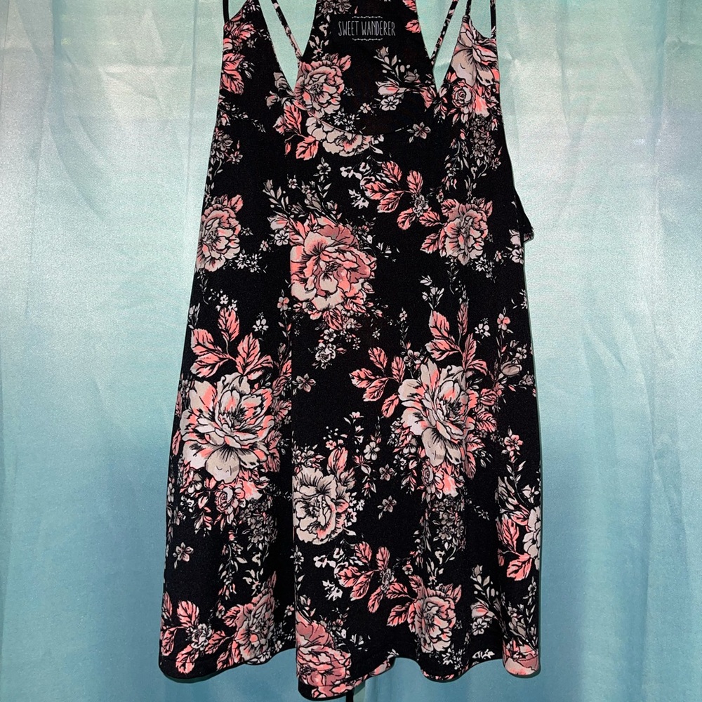 black, pink floral shirt